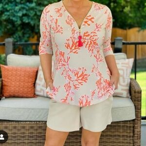 Belle:Coral Print V-Neck Top. 26
